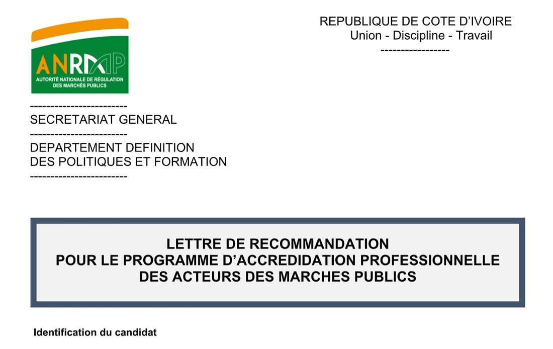 Lettre de Recommandation pour le Programme d'Accréditation Professionnelle dans le Domaine des Marchés Public